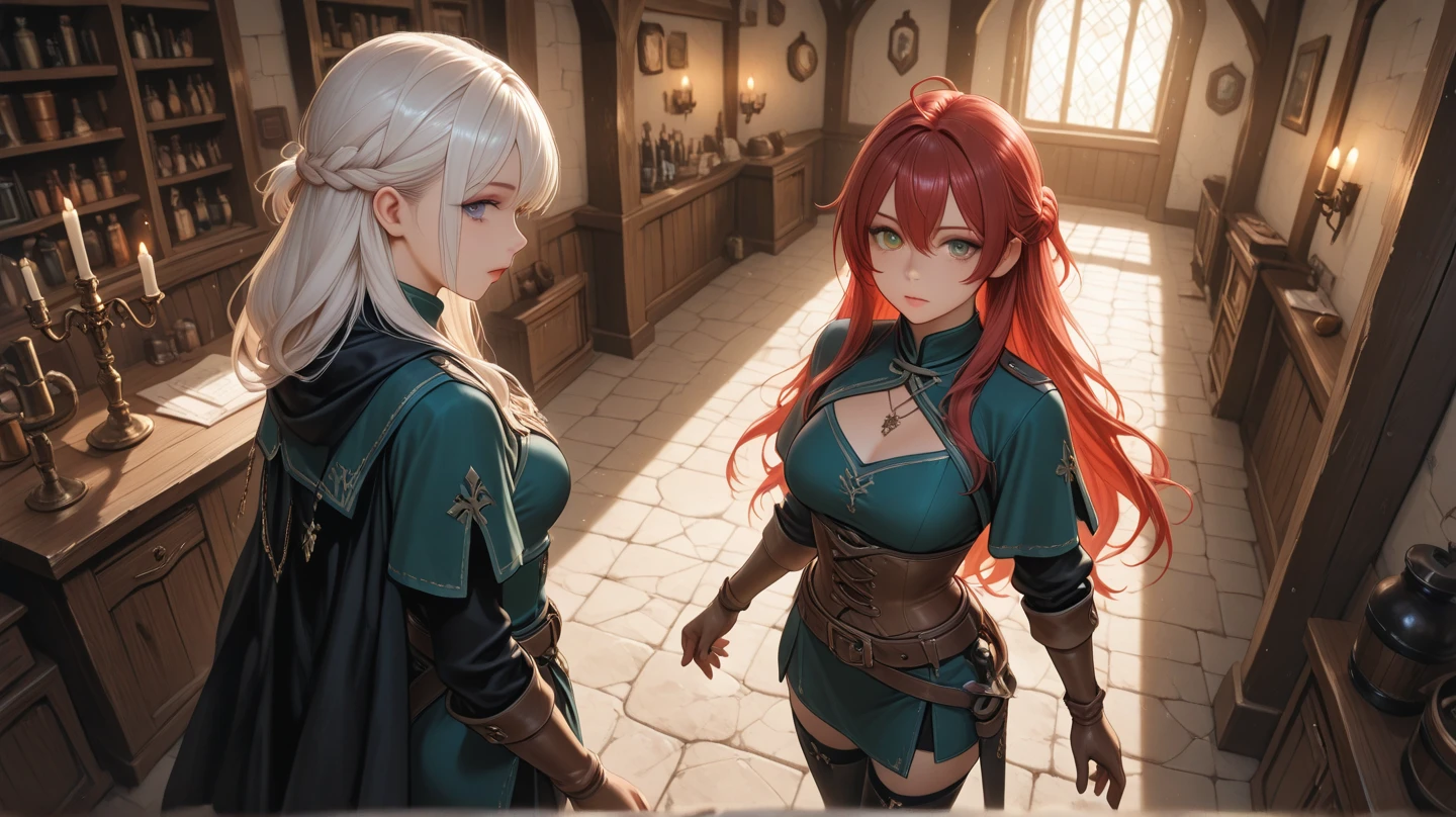 2 elf girl, posing for a picture, sitting on chair and put her boobs on the table, (red hair), blushed face, battle knight suit, breast plate, long skirt, big breast, pixiv, anime girls, seductive smile, (beautiful detailed eyes:1.6), extremely detailed face, perfect lighting, extremely detailed anime illustration, (perfect hands, perfect anatomy),