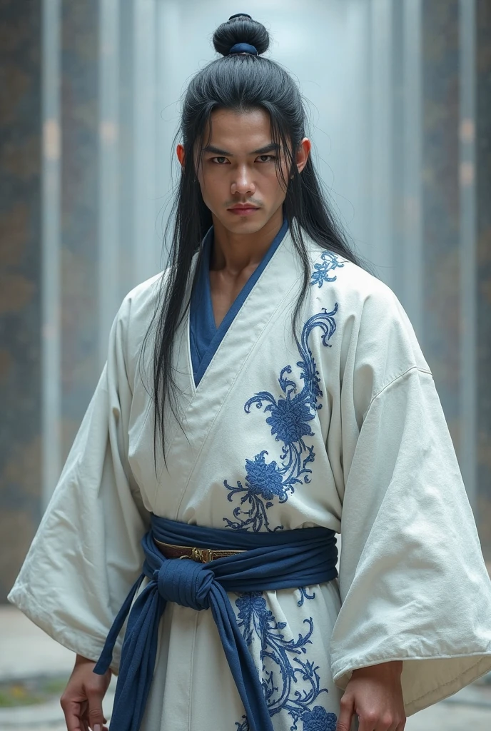 man with rabbit ears, blue clothes and long black hair, Chinese style golden eyes
