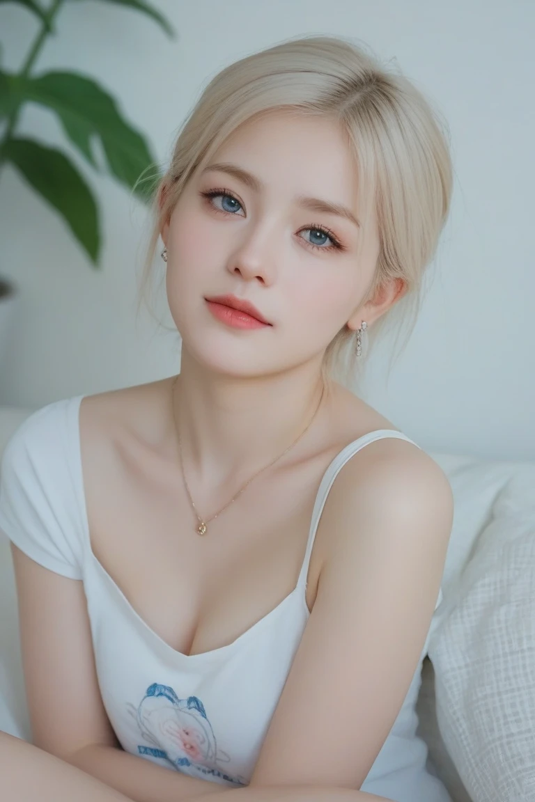 (Highest quality, 8k, 32K, masterpiece, Ultra-high resolution:1.2),Beautiful American Women Photos, Large Breasts, Very short bob hair,Upper Body,Face Focus,(Extra Large_sweater,:1.1) necklace, Simple Background, View your viewers, Leaning forward,Platinum Blonde Hair