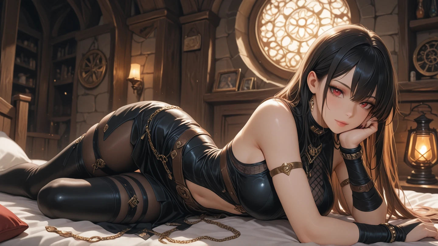 A sexy demon girl with glowing yellow eyes crouching, wearing a tiny bikini, highly detailed, ultra-realistic, 8k, photorealistic, masterpiece, cinematic lighting, dramatic colors, chiaroscuro, dark fantasy, dramatic pose, intricate details