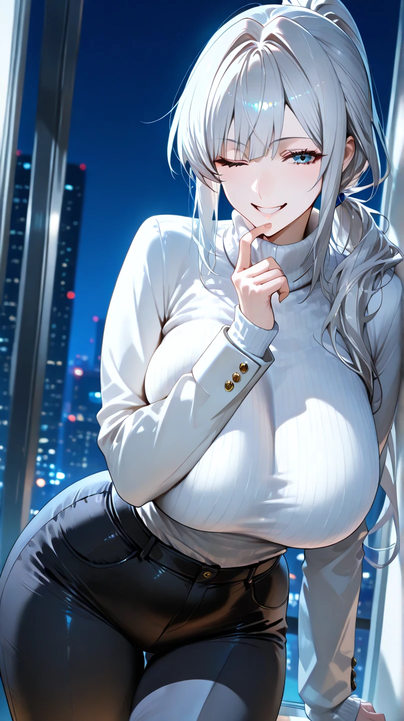 ((obra maestra)), ((mejor calidad)), (ultra detallado), ((extremadamente detallado)), 4k, (8K), mejor calidad, (Hermoso), estilo animado, mirar hacia arriba desde abajo, bar, Noche, una chica guapa, 1 chica, solo, traje, Hermoso rainbow hair, Hermoso blue eyes, ((Hermoso eyes)), De piel blanca, pendientes, cuello, sonrisa