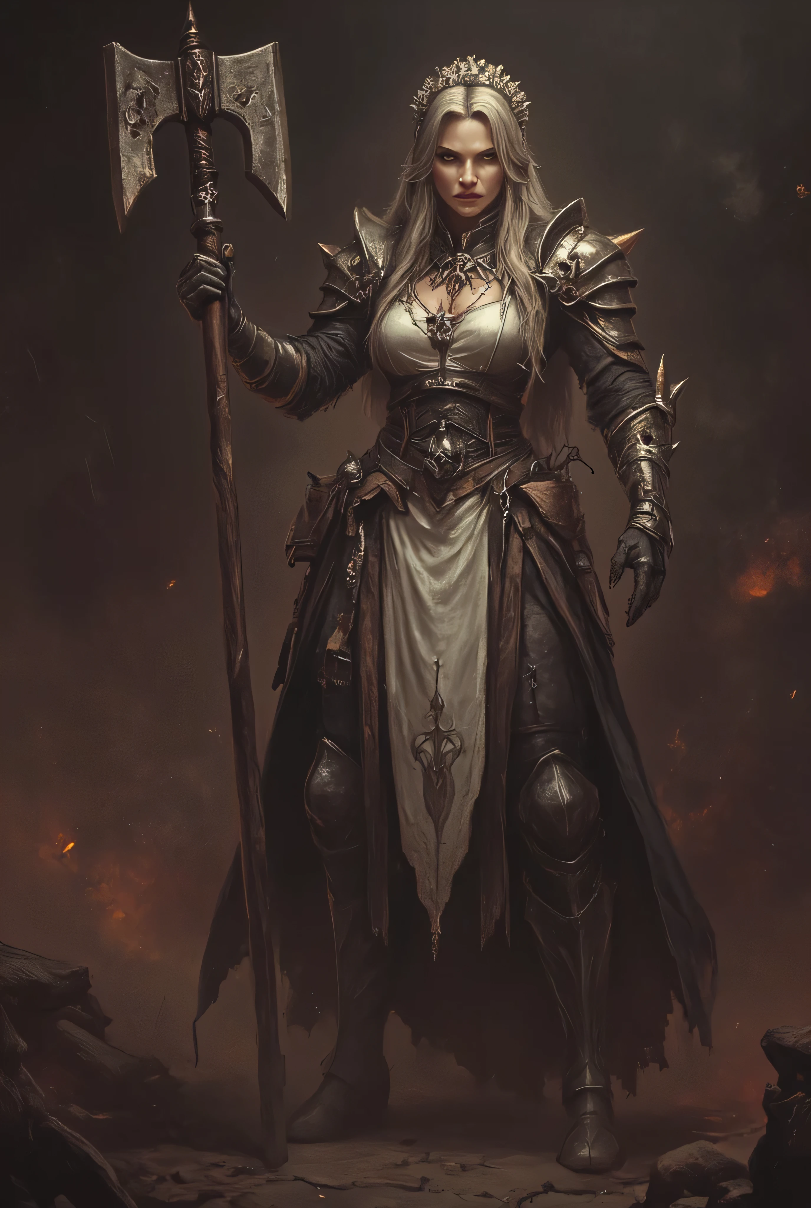 detailed female maid warrior, perfect lean muscular body, maid armor outfit, character concept art, detailed facial features, determined expression, action pose, detailed metal armored maid outfit, anthr0dnd, Gul'dan, dark fantasy character, 8K, photorealistic, masterpiece, ultra-detailed, vivid colors, dramatic lighting, moody atmosphere, cinematic composition, simple dim background, ethereal elegance, intricate textures, seamless blend of realism and fantasy
