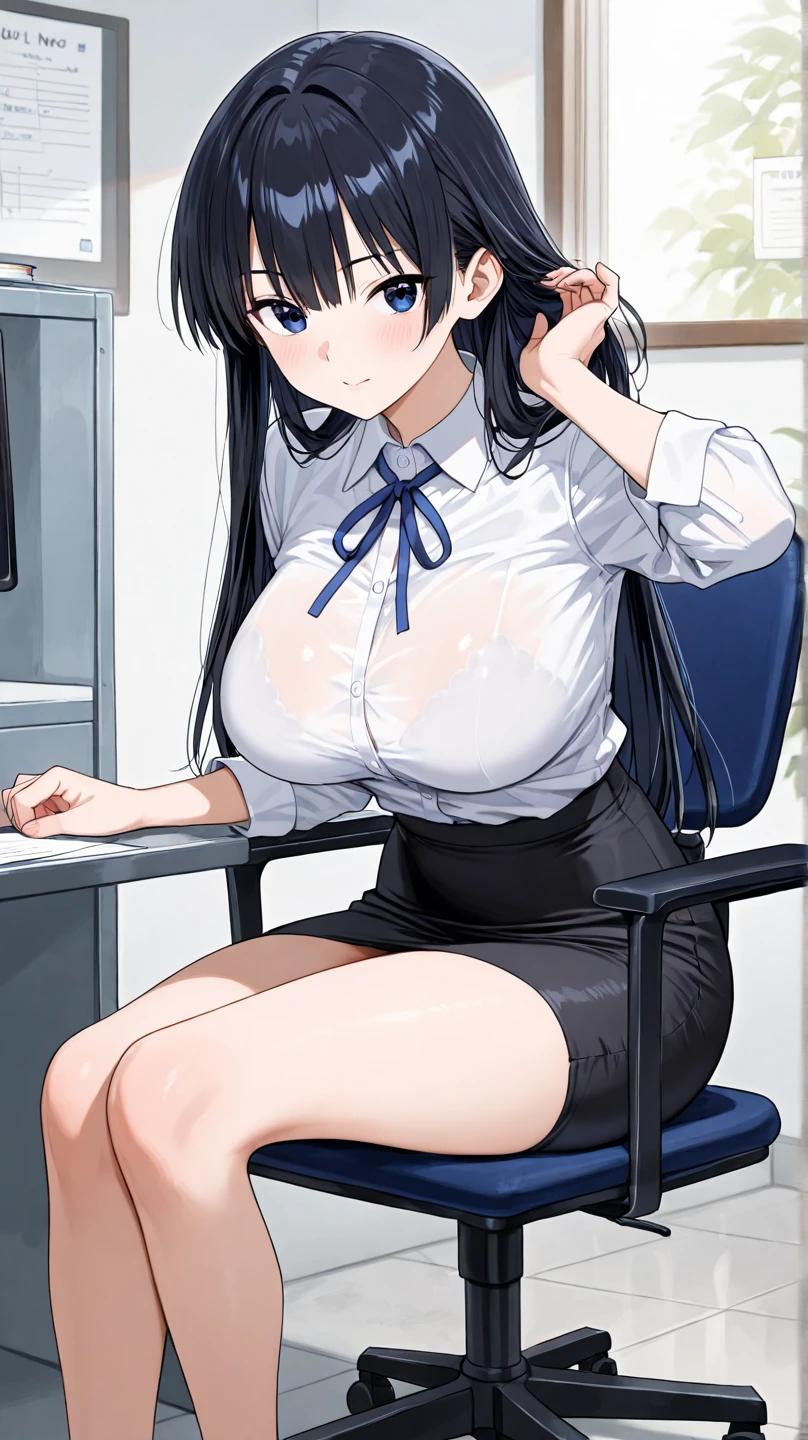 An office worker who is putting a penis in her vagina