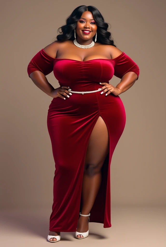 A black dress with v neck full sleeves and slit and hairstyle and a cluth  chubby girl prom night look realistic image some other images 
With footwears also  prom night glam look 