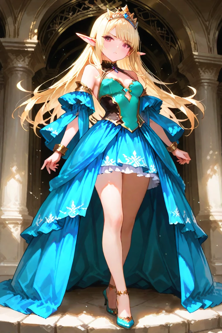masterpiece, best quality, extremely detailed, anime, 1girl solo girl, 14 year old woman, longhair, blonde, green eyes, light blue china dress, cleavage, cleavage cutout, clothing cutout, slender, small breast, navel, slightly slimmer thighs, beautiful detailed face and eyes, fearless, smile, standing figure, full body, no background