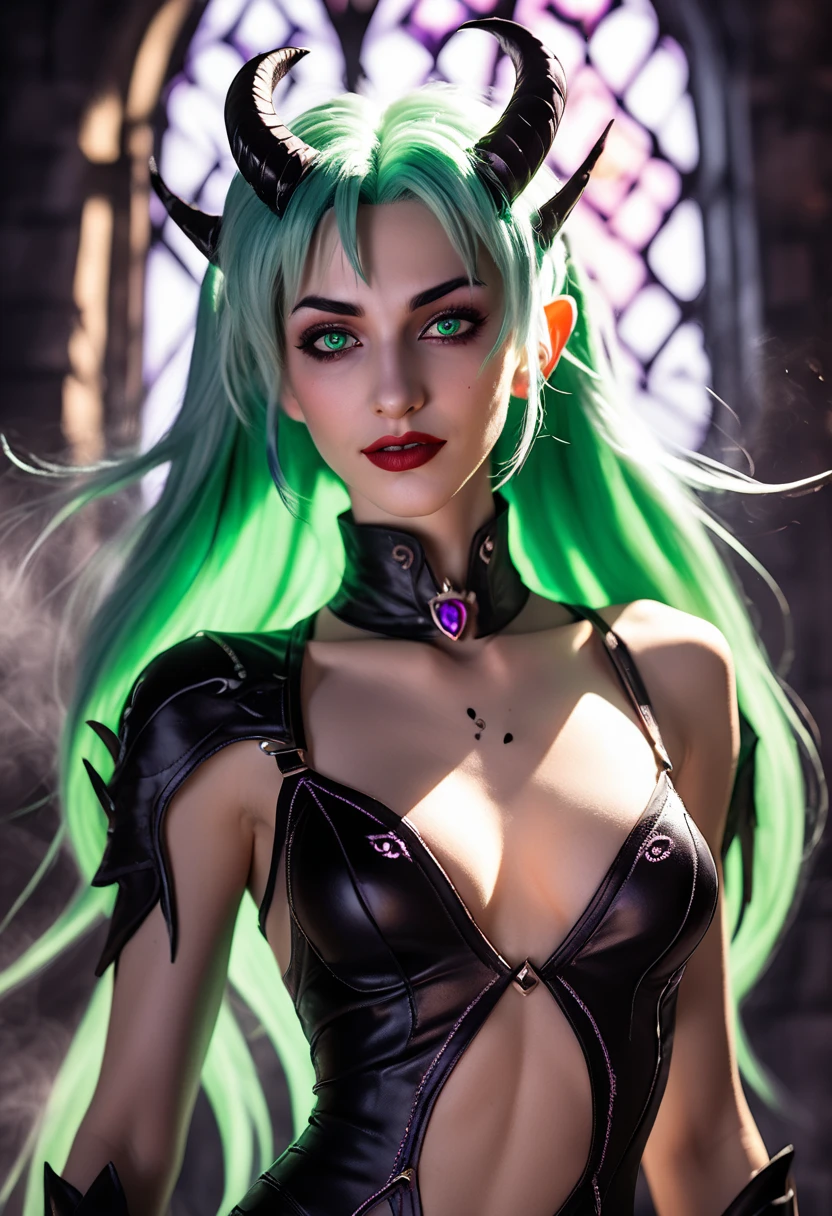 tiefling, Kizi, darkskin, Green Eye, Red hair