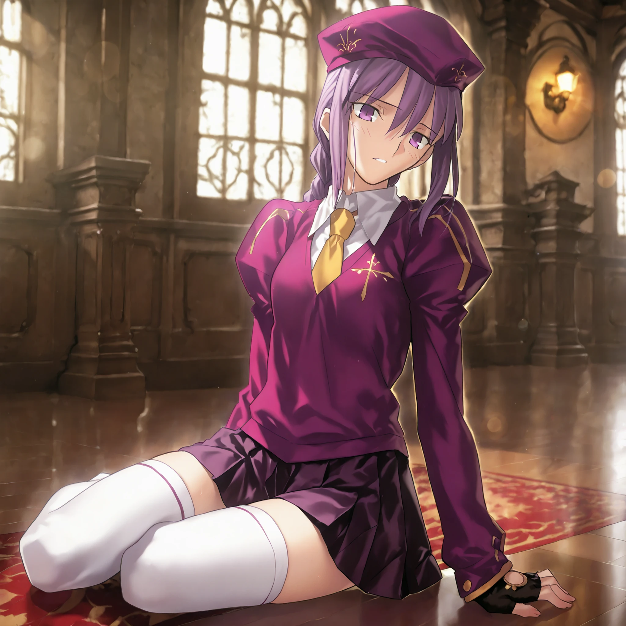 masterpiece, , absurdres, highres, detailed background, high resolution, masterpiece, necessary, detail, best quality, quality, necessary, details, High details, Precise, dark, indoors, (mansion), lens flare, blurry background, ,
1girl, Takeuchi Takashi (type-moon,tsukihime) style, takeuchi takashi style, (aged up), sitting ,yokozuwari, on floor,
girl, (slender body, slim arms, slim bod), (Sion) Eltnum (Atlasia) ,sion eltnam atlasia,(fate), purple hair , purple eyes, half-closed eyes, tsurime, hair between eyes ,long bang, long hair , braided hair , braided ponytail , yellow ribbon , EltnumOutfit ,small breasts, light purple sweater ,Juliet sleeve sweater , collared undershirt , white undershirt , undershirt , yellow necktie ,(short sleeve), , dark purple skirt , miniskirt , gold trim , white thighhighs , single glove , fingerless glove , black glove , dark purple beret , ,((head tilt)), looking down,(small breasts),