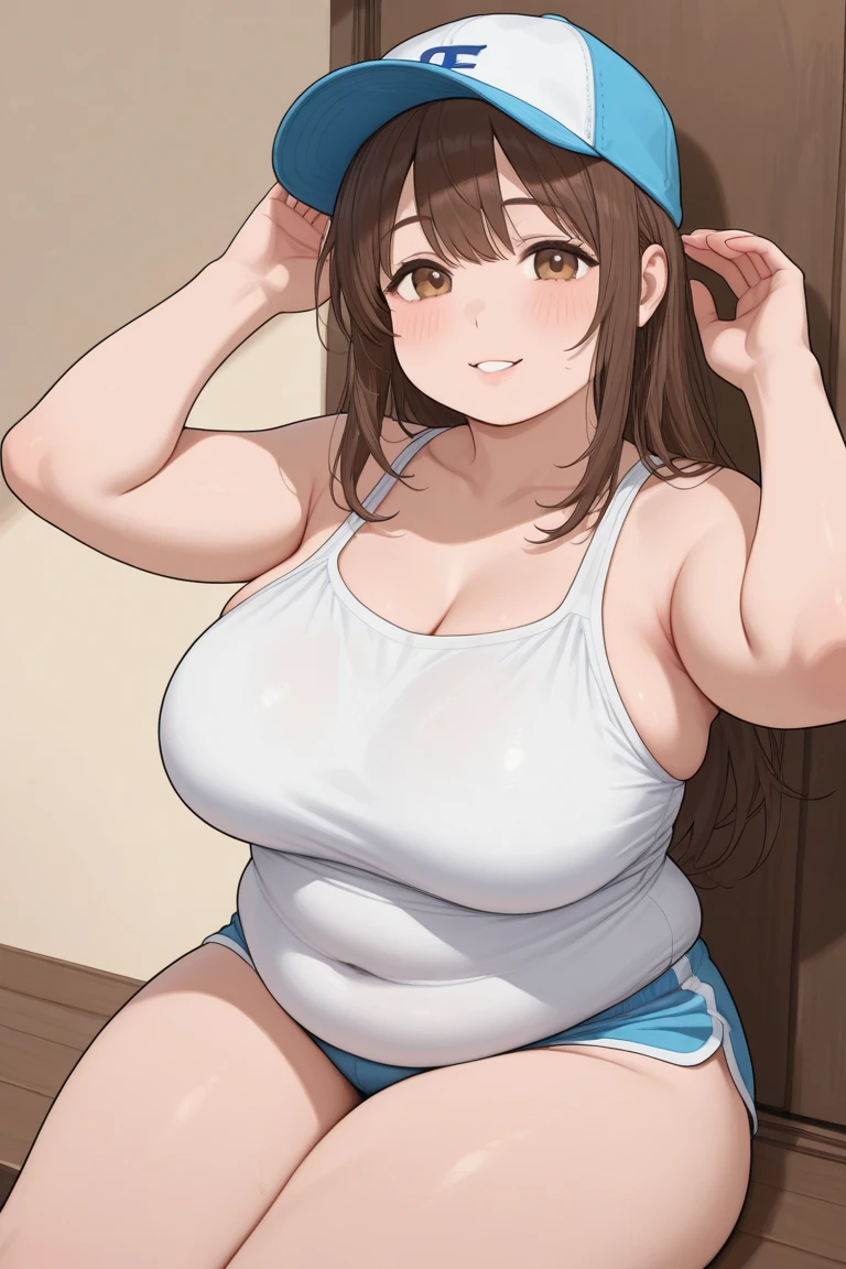 Highest quality、masterpiece、Large breasts、Small waist、Brown Hair、blue eyes、Long Hair、locker room、white underwear、