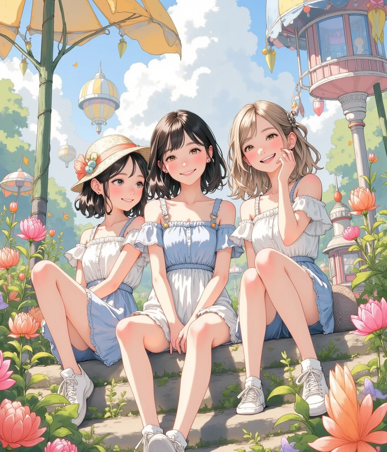 (masterpiece:1.2, best quality), 3girls, multiple girls, petite, young teen 13yo, slim, short summer dress, upskirt, (children's print panties:1.2), long hair, smile, fun, laugh, play, (sitting on grass), spread legs, flower field, railway in background, summer, vibrant colors, bright, watercolor