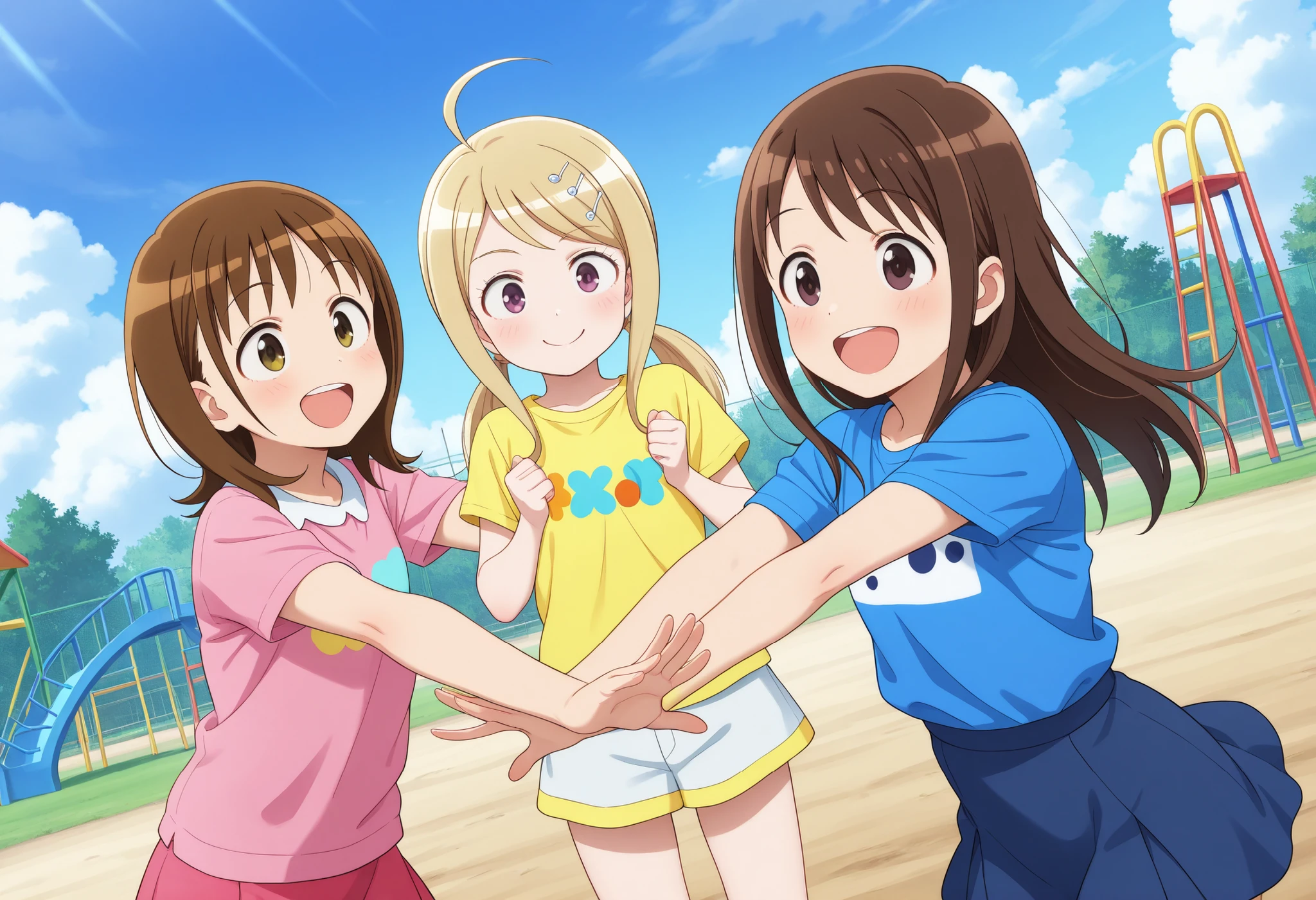 3girls, akamatsu yui, kise saki, aoyama kotoha (mitsuboshi colors), mitsuboshi colors, stylish and cute clothes, cute shirt, cute skirt, standing, smile, next to each other, dynamic pose, dynamic angle, outdoors, playground, sky, general, masterpiece, best quality, amazing quality, very aesthetic, absurdres, newest,
