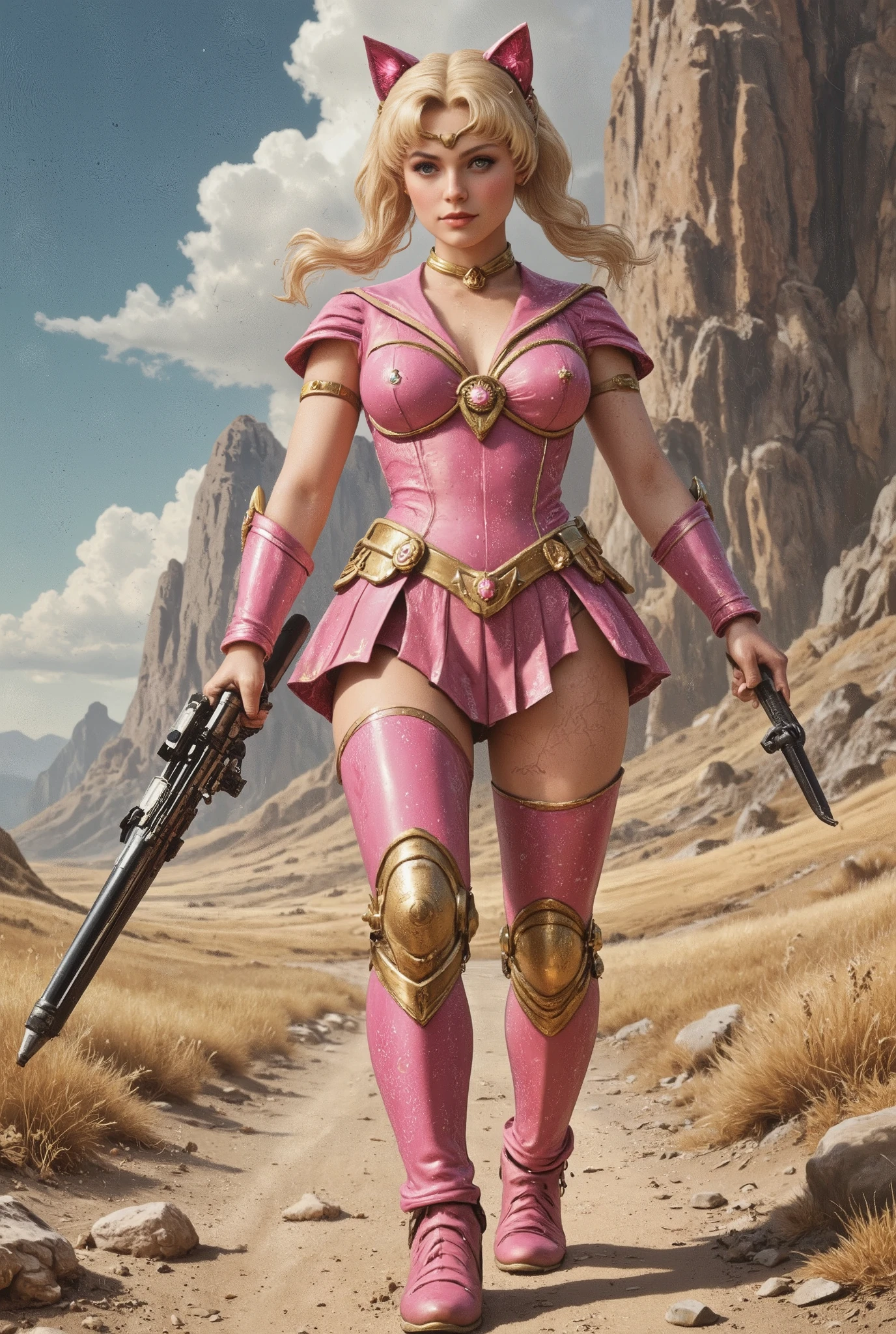 The Wandering Whore of Oz,
antqgldnCE style, illustration,
nsfw,
for Adults,
Photorealism,
((A scene from an action movie)),
Highly detailed,
19th century photo, antique photo, sepia-toned photo,
Fable for adults,
cute girly robot sailormoon, colorful flower golden pattern on pink body, headset ear cat's, armed with heavy weapons on body, kawaii mood, Joints and gaps glowing pink. Riding the cheetah.hardcore machine. newest anime style,cute pop simple background.vivid color.punk accessories