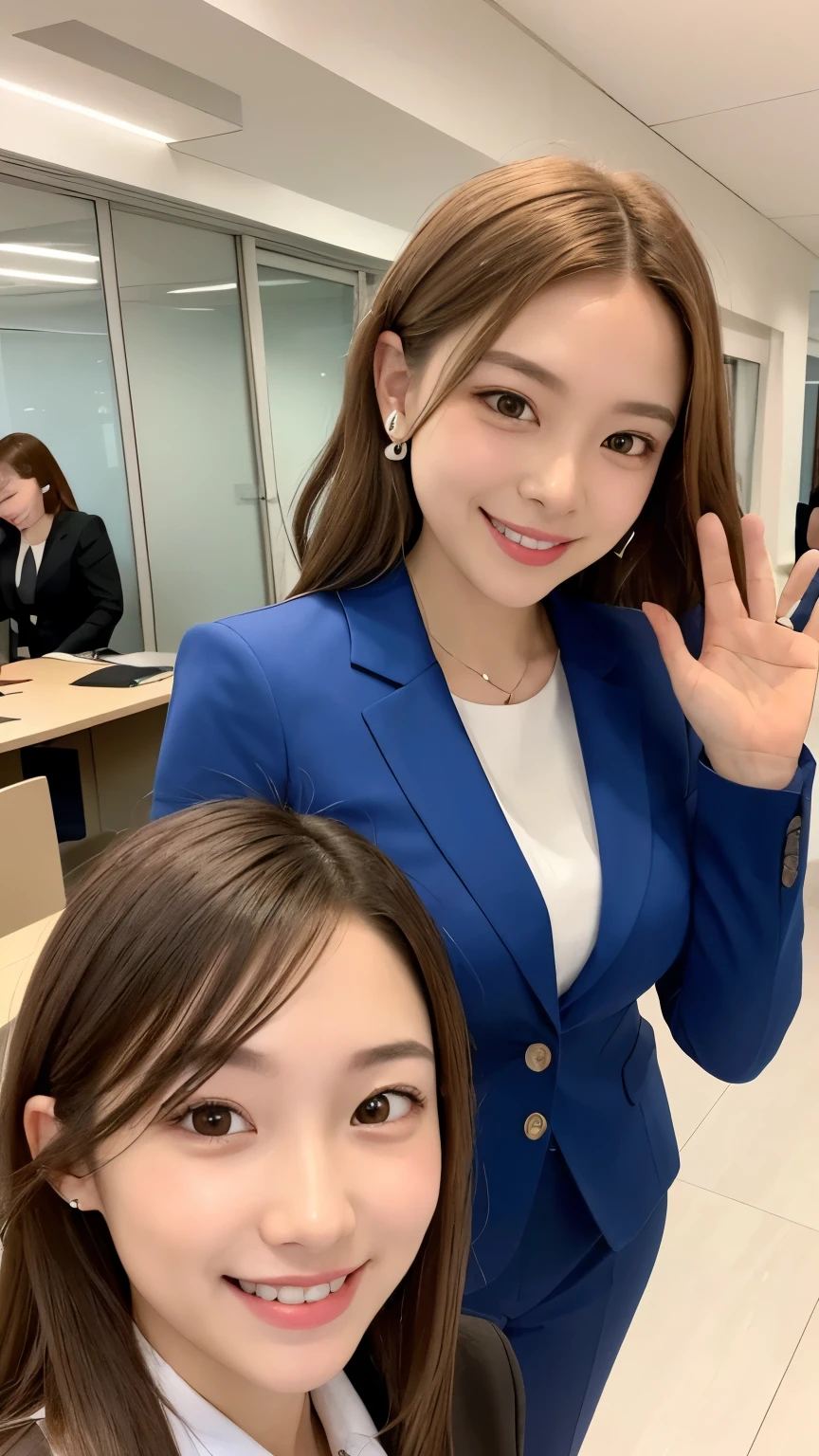 (Cute Japanese woman with a perfect body), (office ladies),  (masterpiece, high quality:1.2), Big Breasts, Office Suits, (smile), (office), Highly detailed face, ((Black Choker, Big Breasts, blue eyes, Very long eyelashes)), smile、bangs, Grace, Transparent air, (8K:1.1), Natural light, Japanese actress, (Slim face)，Same uniform，double eyelid，Big eyes，faithful servant、Shoulder Bare、ID photo