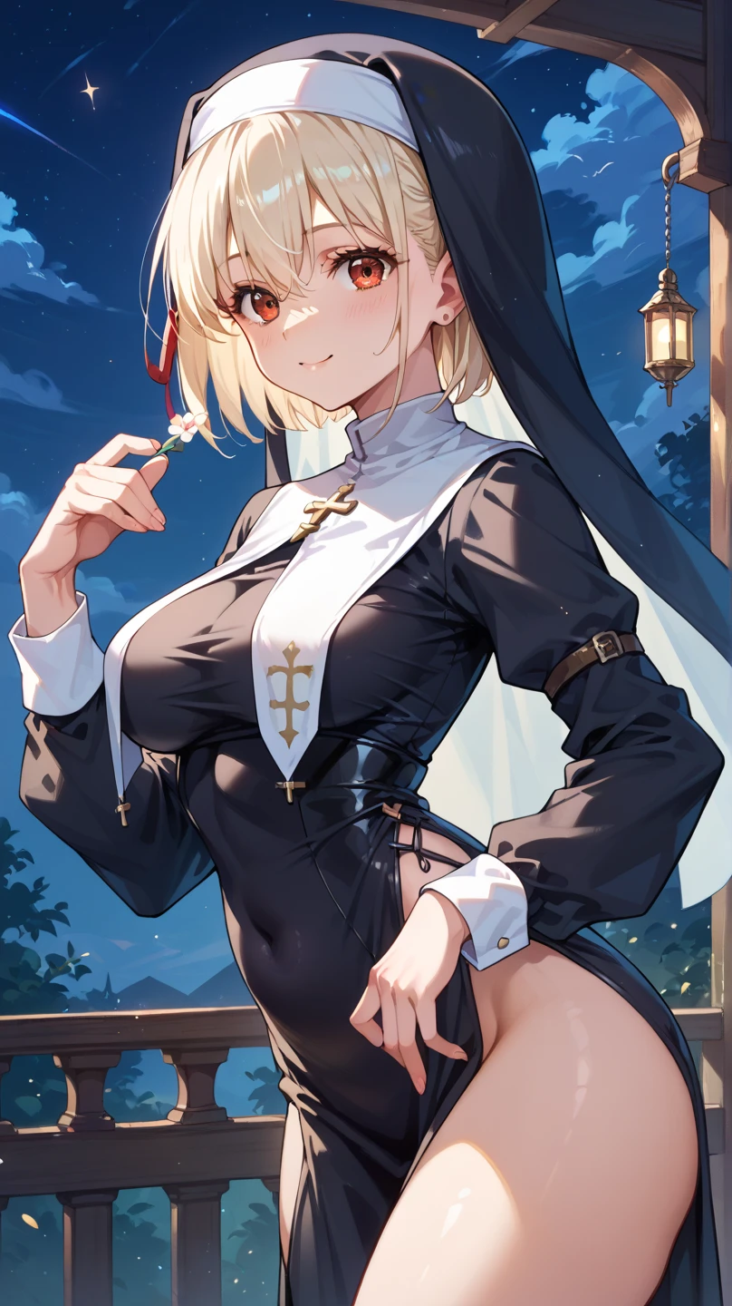 Blonde nun, petite, coxuda, bunduda, sexy, should show part of and and be in positions that suggest
