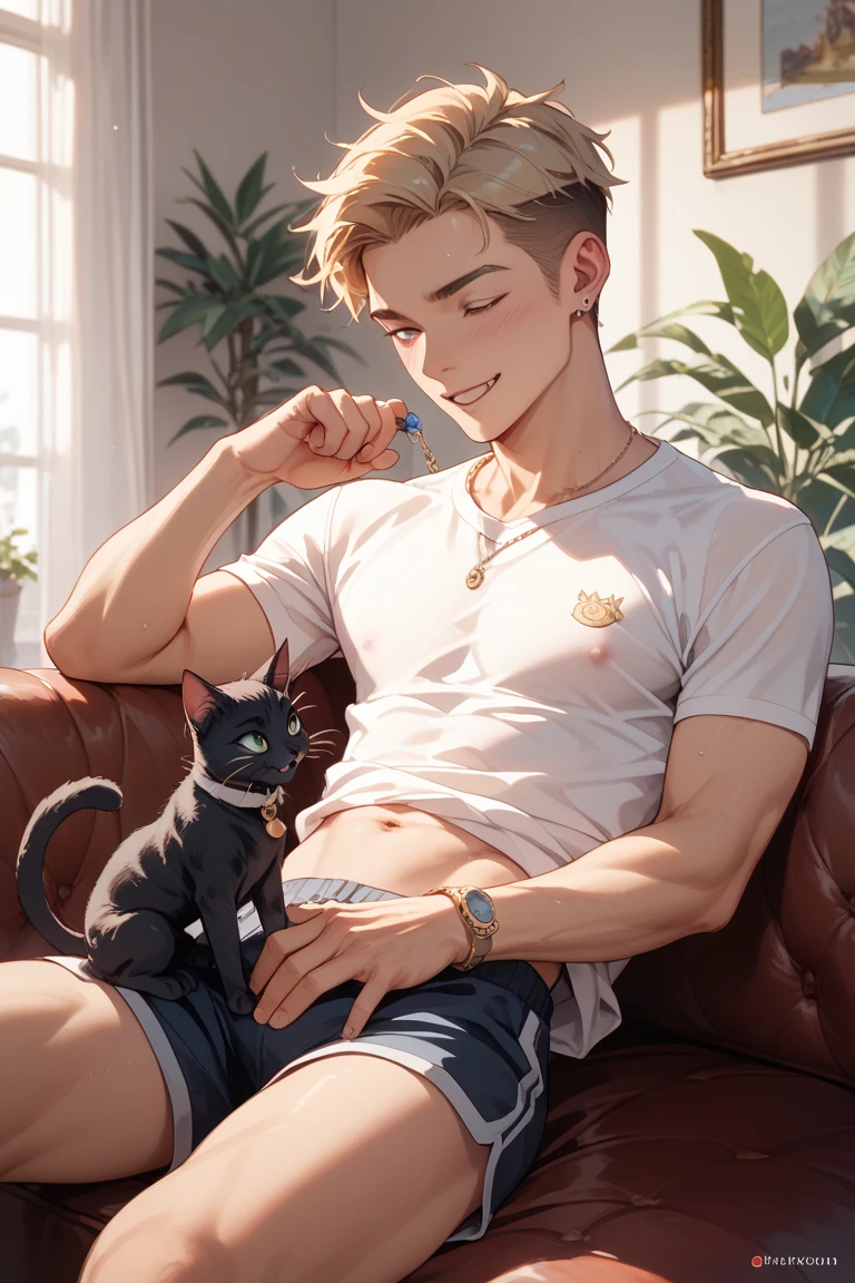 Early teenage cat beast boy, student, Abs, sofa, shameful expression, slave, choker
