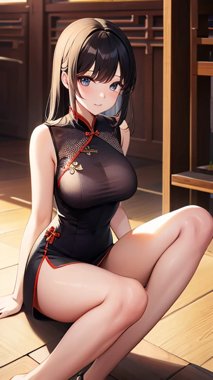 solo, A beautiful evil lady assassin, gazing condescendingly at the viewer with a cute grinning expression, ((heart marks are floating in the background, kiss, blow a kiss to the viewer)), ((Lying on the bed))), ((seduction, seductive attack, temptation, temptation attack)), (opening your legs), (not showing your skin), extremely detailed , masterpiece quality, ultra-detailed, HDR, vivid colors, physically-based rendering, thick muscular thighs, beautiful muscular thighs, attractive buttocks, very strong wrestler, High resolution, masterpiece, accurate, Anatomically correct, Winner of numerous awards, best quality, detail, high detail, high quality, quality, Retina, Very detailed, Textured skin, Ultra high definition, (wearing a tight Chinese dress, wearing a skirt, wearing a tight dress)