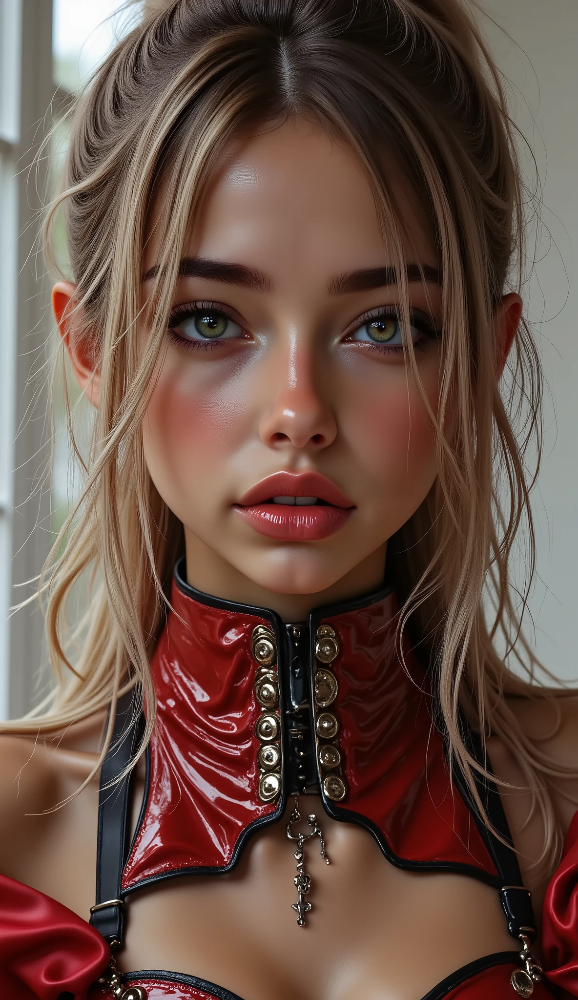 {((Genuine, rating_safe:2.0)) {The bride shows off her outfit inspired by the gift of the goddess of debauchery and lust}}. (masterpiece,best quality:1.4),(score_9, score_8_up, score_7_up, score_6_up, score_5_up, score_4_up),(16k,raw photo,photo realistic:1.2),("Priority is anatomical accuracy and material texture") rubber black log (uniform elongated cylinder shape) medical massage roller, improving the comfort of proper breathing" Pose: - "Hanging your head off the back of the bed" Saliva drips from her chin,Streams of thick withe cum poring down here face and on here body and breasts, Lots os semen dripping down"] (front view,front shot),from above "