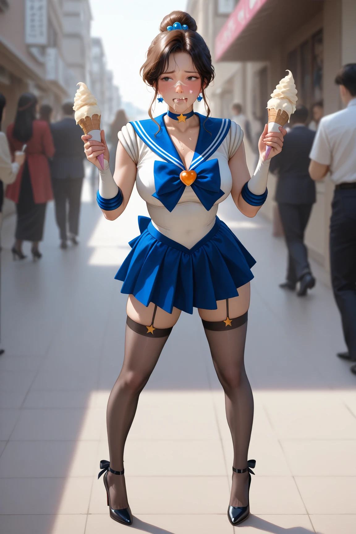 ((full body):1.5), {((1woman))}, wearing {((Sailor Moon costume, white with blue parts, extremely tight body))}, has {((extremely giant breasts))}, {she has ((purple hair+very short+mohawk, blue eyes))}, she is looking at the viewer, {look of pure pleasure, expression of pure pleasure, {she is leaning against a pole, making erotic poses for the viewer}, {Background: bus full of (((people of different ethnicities and clothes)))}, 16k, high quality, high detail, UHD