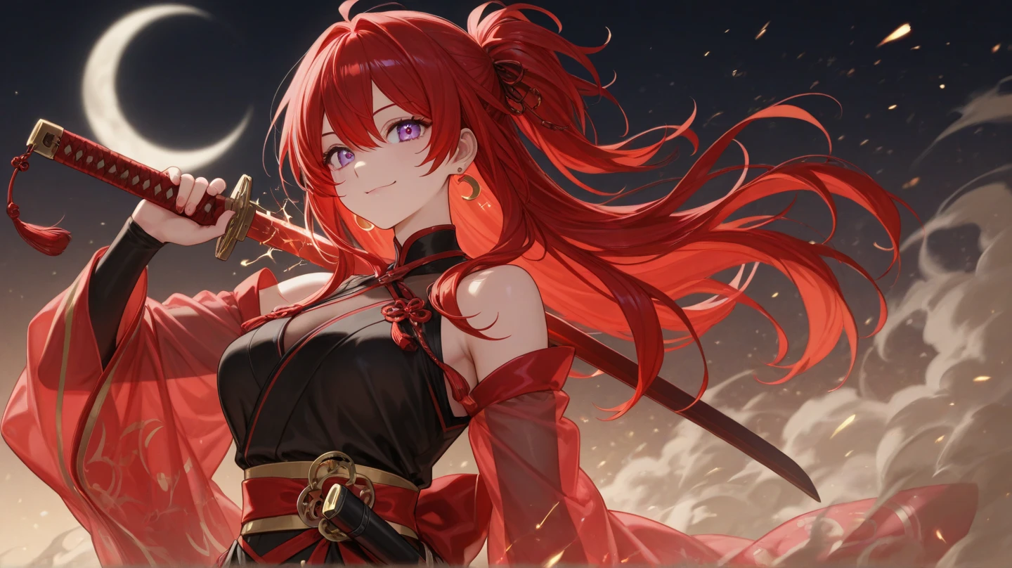 Girl with shoulder-length red hair, with medieval dress brown with white and red, fire around and a red dragon on his shoulder little dragon 