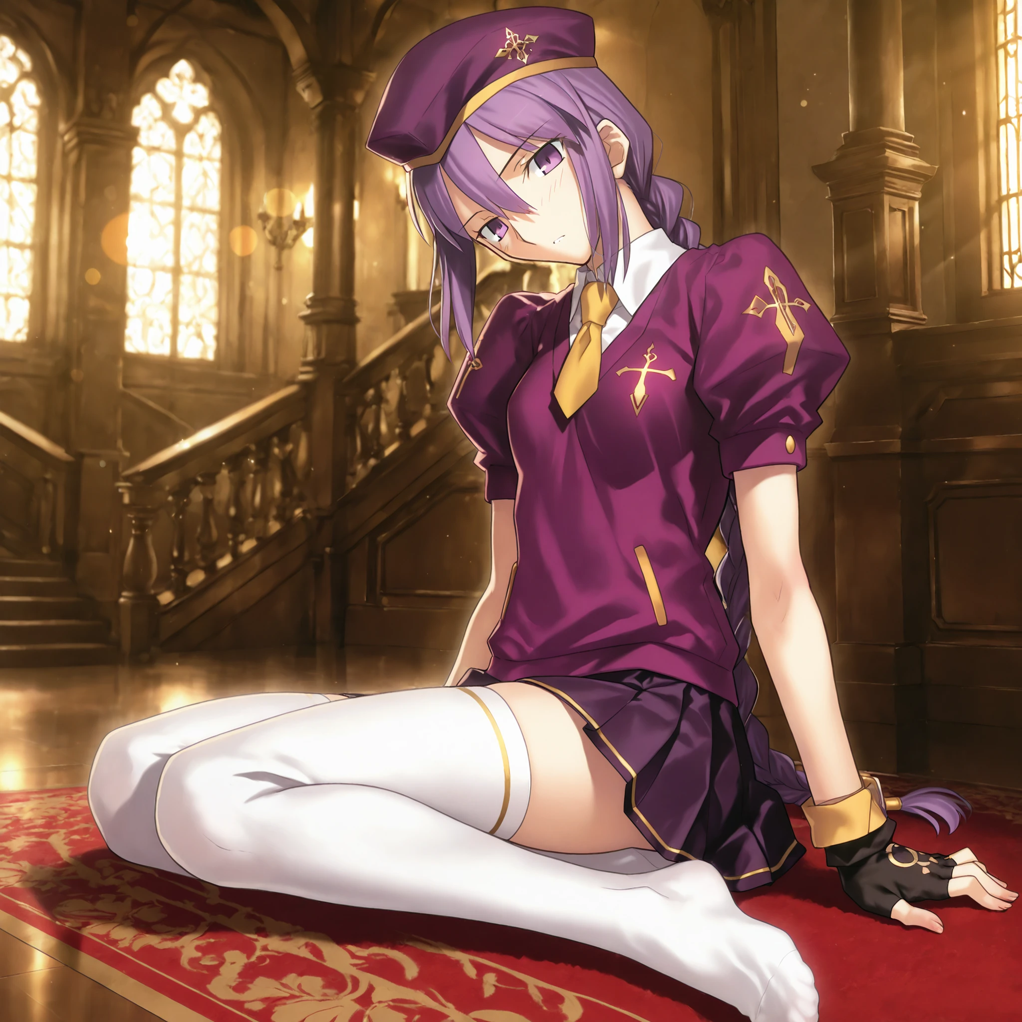 masterpiece, , absurdres, highres, detailed background, high resolution, masterpiece, necessary, detail, best quality, quality, necessary, details, High details, Precise, dark, indoors, (mansion), lens flare, blurry background, ,
1girl, Takeuchi Takashi (type-moon,tsukihime) style, takeuchi takashi style, (aged up), sitting ,yokozuwari, on floor, (long legs),
girl, (slender body, slim arms, slim bod), (Sion) Eltnum (Atlasia) ,sion eltnam atlasia,(fate), purple hair , purple eyes, half-closed eyes, tsurime, hair between eyes ,long bang, long hair , braided hair , braided ponytail , yellow ribbon , EltnumOutfit ,small breasts, light purple sweater ,Juliet sleeve sweater , collared undershirt , white undershirt , undershirt , yellow necktie ,(short sleeve), , dark purple skirt , miniskirt , gold trim , white thighhighs , single glove , fingerless glove , black glove , dark purple beret , ,((head tilt)), looking down,(small breasts),