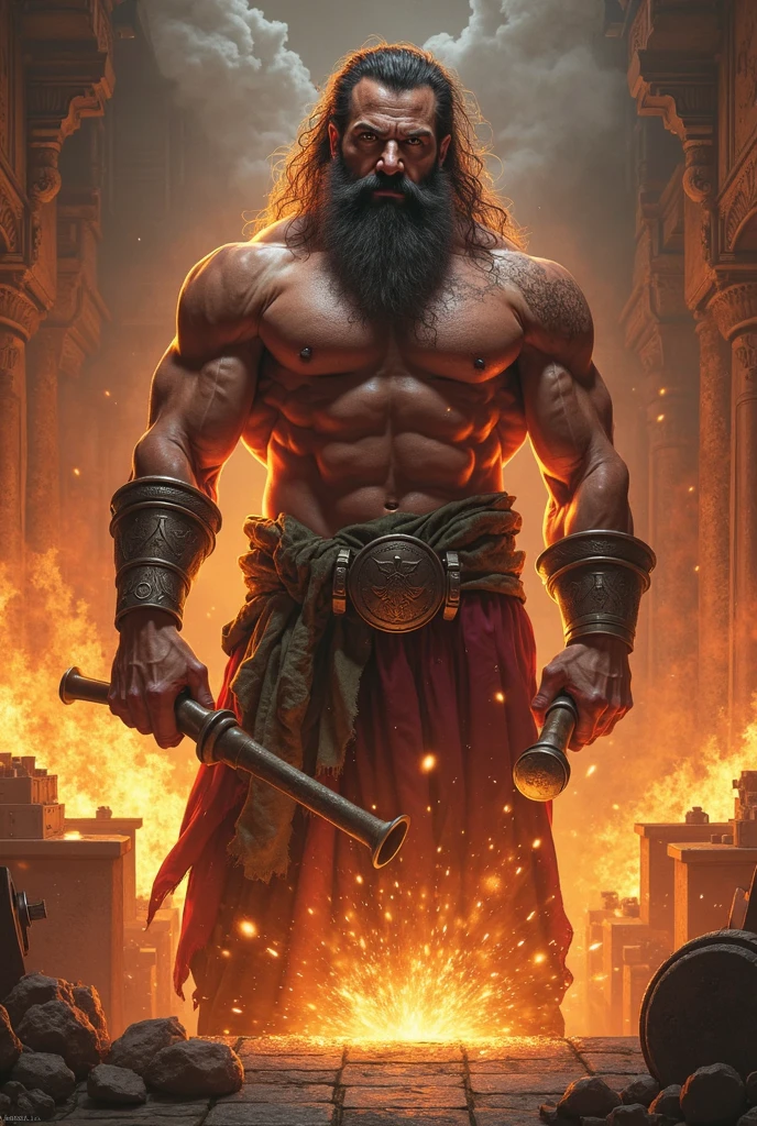 Create a dynamic and intense poster featuring a flexible body, but not bulky muscular body, holding a burning torch in his hand. The warrior should have long, wavy hair, a thick beard. His attire should consist of a sleeveless, rough-textured garment, emphasizing his powerful arms, with blood.Surround him with a dark, chaotic background filled with flickering torches, and a crowd of shadowy figures in the distance. The overall color scheme should be warm, dominated by shades of orange and black, creating a fiery, dramatic atmosphere. The mood should be intense and full of action, capturing the essence of a legendary warrior ready for battle.half image,