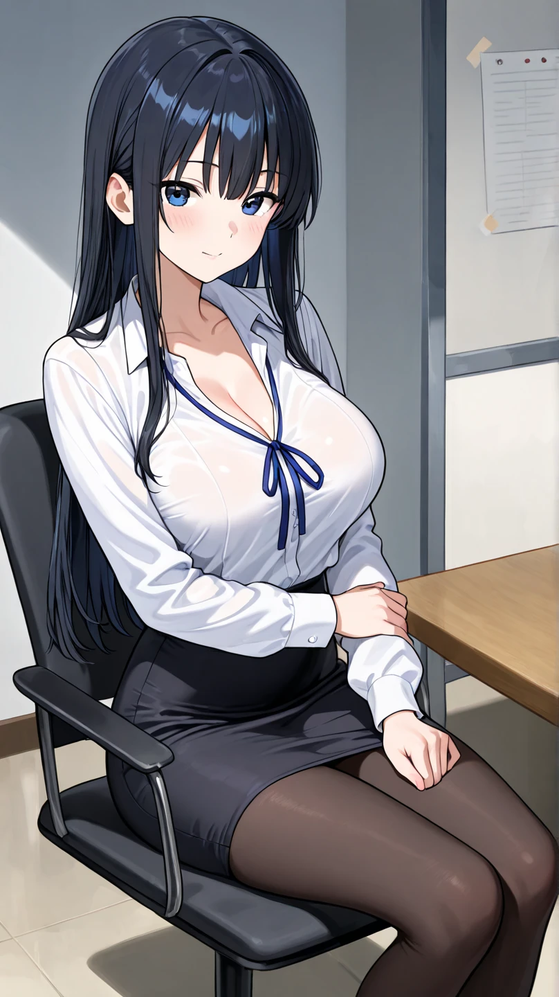 20 year old woman, busty, bubble butt, hourglass figure, skinny, blushing, frustrated expression, horny, confused, long hair, black hair, wavy hair, wearing white shirt, black pencil skirt, short skirt, red tie, loose tie, tight fitting clothing, cleavage, anime, flat colors, in an office, office attire, disheveled, messy, disheveled clothing, messy clothes, bending over