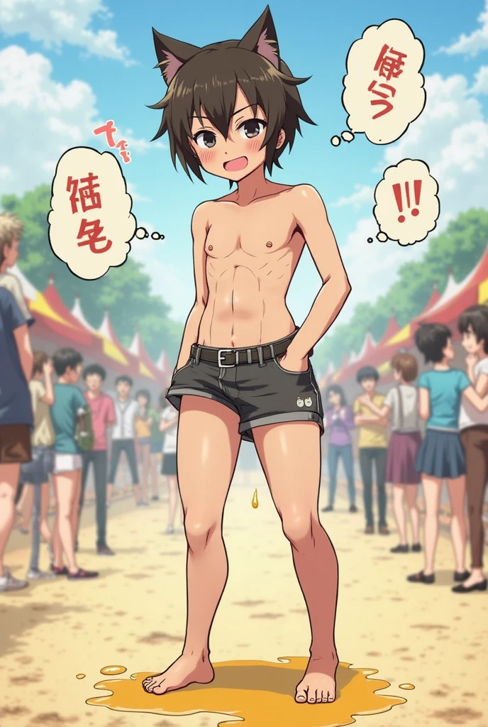 NSFW,A young completely naked boy standing in the crowded green park,shota,(midnight),(crowded),(constricted pupils,scared:1.31,fake smile,tears,embarrassed),(best quality,8k,highres,masterpiece),ultra-detailed,Looking at viewer,double peace sign