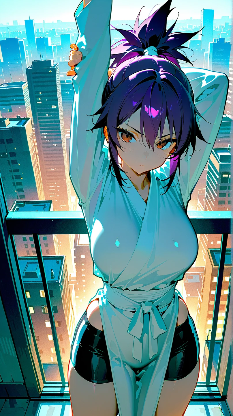 (melhor qualidade:1.3), (quality 4K), soifon, ((detailed face)),((smile)),((curvy body)),((shinigami oufit from bleach)) ,(small breast), sexy, ((cut hair)), ((sleeveless)), ((city)), arms up, armpits visible, detailed armpits