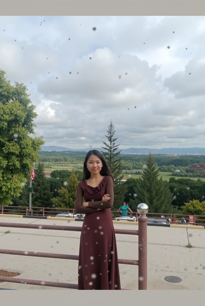 One woman of about 20 years old, black long hair, body measurement 36-25-36, height 5'7",Hazel eyes, wearing colorful dress and miniskirt, hiking, moutain climbing, moutain view, smiling, happy mood, Full Body full height Shooting, Masterpiece, mobile Photography, daylight, 8k, Top Quality, Fine Pore, Photorealistic, Ultra Detailed, (high skin detail:1.2),Extremely detailed,Intricate, sharp-focus