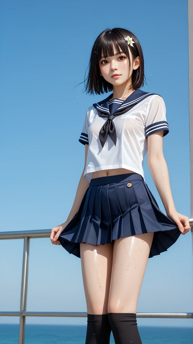 1girl,(((Okinawa ocean)))、(((White sand beaches in Okinawa)))、(((Just join your hands and pray)))、(((Mysterious look)))、8k UHD、Digital single-lens reflex camera、High resolution、Shallow depth of field、Natural light、(((オフショルダーで腕を上げて美しい脇の下をみせてくれる)))、(((Sailor suit)))、(((navy blue super mini skirt)))、(((A sparkling, charming smile)))、(((Full body photography)) )、Small person、(((Young face)))、1 Japanese female、12 years old;beautiful girl、(Black Hair)、A strong wind blows up my skirt、(((Brown eyes)))、Glowing Skin、Smooth Thinning Hair、Long Hair、Detailed background、Detailed eyes and face、Clear Eyes、Cute smile、Calm atmosphere、(((stage)))、(((Small breasts)))、(((Beautiful Eyes)))、Flat chest、Children、(((Toned thighs))) 、(((Angle from below) ))、(((Fine lips)))、(((Skirt fluttering)))、Shining beautiful legs、( Skirt fluttering violently in the strong wind :1.4), (hair blowing in the strong wind:1.4), (leaning forward)、barefoot、barefoot、((((A skirt flipped up by a strong wind))))