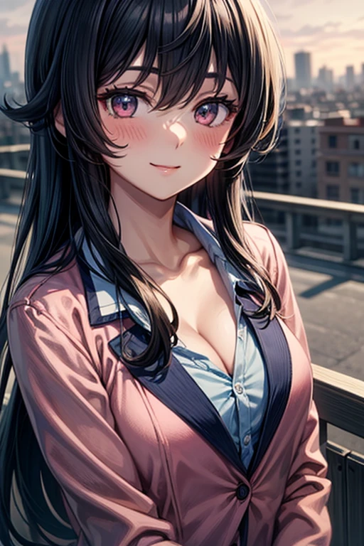 (masterpiece:1.2, top-quality), (realistic, photorealistic:1.4), beautiful illustration, (natural side lighting, movie lighting),
looking at viewer, cowboy shot, front view:0.6, 1 girl, japanese, high school girl, perfect face, cute and symmetrical face, shiny skin,
(long hair:1.4, half updo:1.5, purple mixed blue hair), hair between eye, dark blue eyes, long eye lasher, (large breasts:4.6, seductive thighs),
beautiful hair, beautiful face, beautiful detailed eyes, beautiful clavicle, beautiful body, beautiful chest, beautiful thigh, beautiful legs, beautiful fingers, big breasts, enhance breasts, busty, cleavage, press breasts together, hold breasts,
((Black collared shirts, black miniskirt, white cardigan)), pink panties,
(beautiful scenery), evening, white screen, walking, (lovely smile, upper eyes),