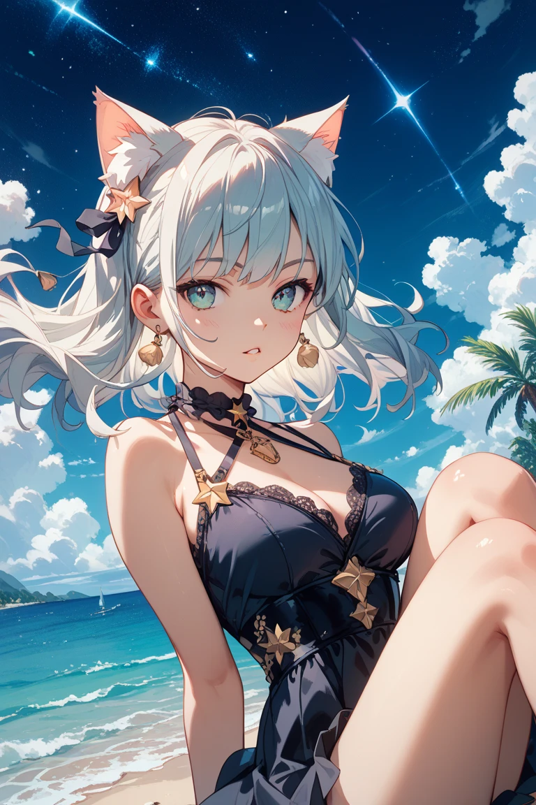 La mejor calidad, anime, chica joven, heterocromia, Cabello blanco, cabello corto, orejas de gato, piel blanca, pecho Grande, bikini, piel expuesta, noche, dibujo, no realista, cuerpo completo, chica anime