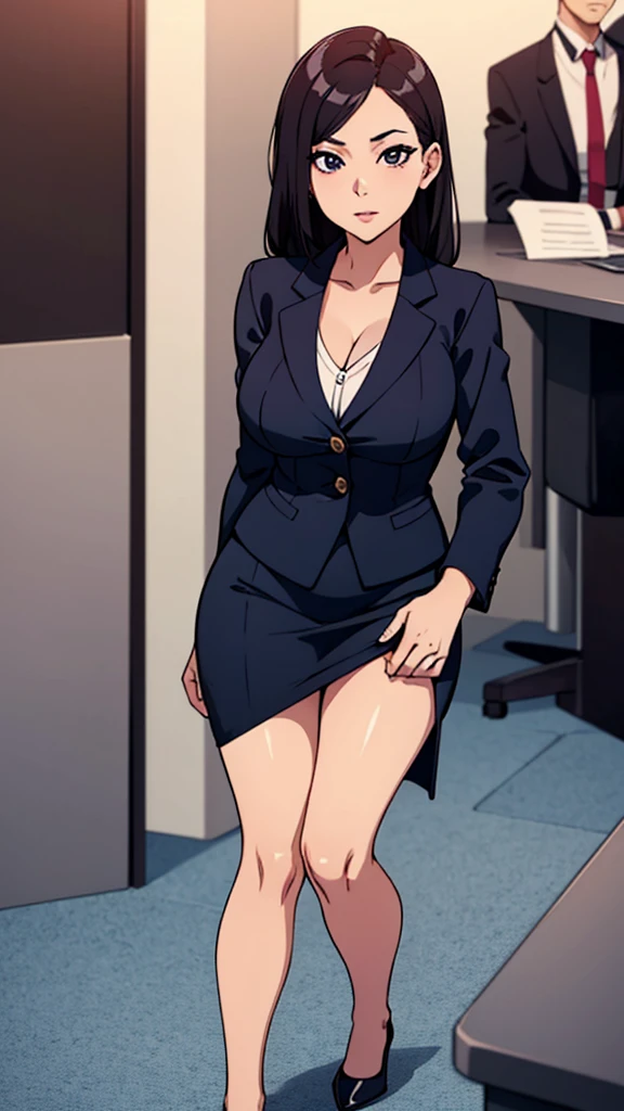 (((absurdres))), (((masterpiece))), (((best quality))), ((ultra-detailed)), ultra high quality, realistic, (real picture, intricate details, depth of field), ((((1girl, solo)))), make up, parted lips, highly-detailed, perfect face, (((mature woman, milf, skindentation))), ((huge breasts, wide hips)), tall, glossy lips, sexy, blushing, mole under eyes, ((blackhair, blunt bangs, very long hair)), ((beautiful black eyes)), ((earrings, glasses, necklace, hair ornaments)), (((office lady, cleavage, black blazer, black tight skirt, pantyhose))), (((erotic pose, standing, front view))), smile, (((office)))