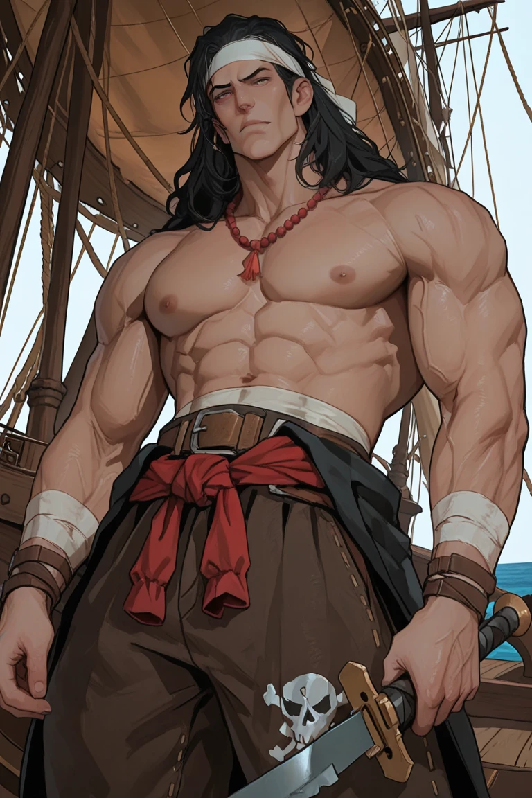 Kraven the Hunter, reimagined as a towering muscular giant, showcases his immense strength by flexing his massive bulging biceps. His muscled torso glistens with sweat, and his intense gaze challenges any onlooker. He wears a hunter's loincloth, left waistline adorned with a worn leather belt and an intricately designed pouch. His arms, thick with veins, stretch up towards the sky, emphasizing his impressive biceps. As a nod to his signature look, he dons a leopard-skin cape, adding to the aura of raw power surrounding him.