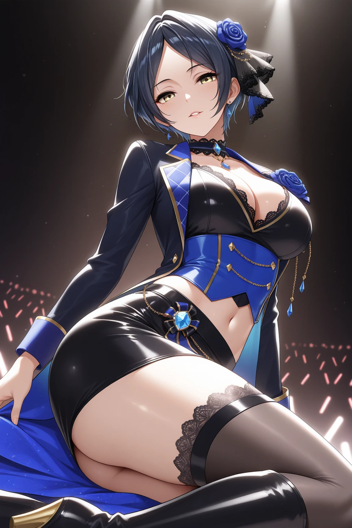 beautiful lighting, best quality, masterpiece, 1girl, shining skin, shining body, shiny skin, dynamic angle, mid shot, bewitching hips, wide hips, cleavage window, large breasts, thick thighs, allister (/pokemon/), black shirt, corset, purple skirt, short skirt, navel, detached sleeves, bare shoulders, medium hair, fingerless gloves, highheel boots, knee boots, <lora:pokemonAllister_v10:0.4>, blush, white lace panties, cameltoe, indoors,