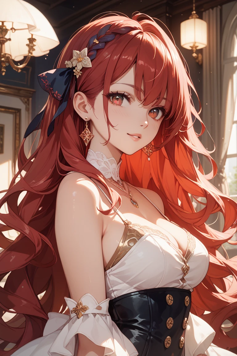 A beautiful and beautiful young princess with red hair and green eyes., she wears her beautiful revealing dress. anime style