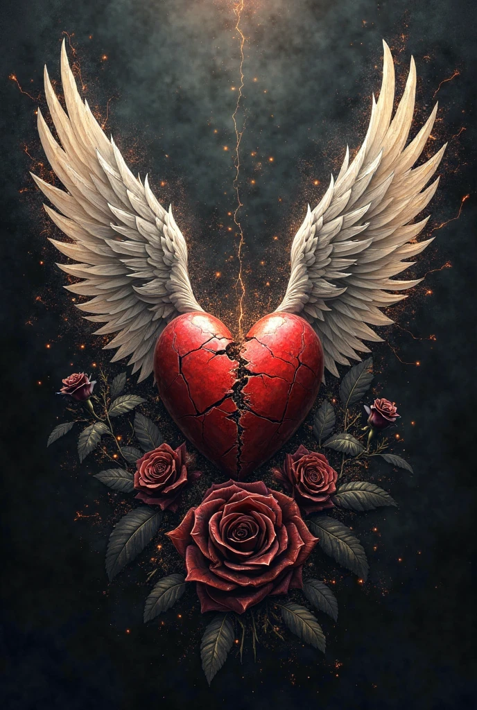 A heart with one half having an angelic aura and the other half having a demonic aura, the drawing should be in crimson red and white colors, dark and fantasy style, one wing white and the other black
