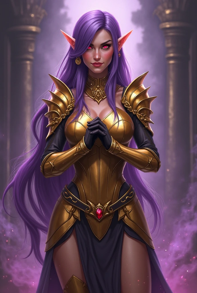 A stunningly beautiful woman with long, flowing purple hair stands in an opulent, golden hall. She wears a luxurious black corset with intricate lace details and gold accents. Her outfit is elegant and revealing, with a fan adorned with golden decorations in her hand. She exudes an air of regality and confidence, complemented by her ornate golden crown. A fierce and beautiful elven warrior stands confidently in a grand hall. She has long, wavy brown hair and pointed ears, highlighting her elven heritage. Her attire is a striking combination of a red corset with black lace details and golden armor pieces. She holds a staff with a glowing golden tip, emphasizing her strength and authority. The background is dimly lit, adding to the dramatic and regal atmosphere.