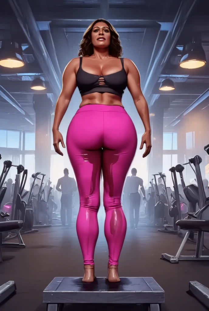 Standing woman wearing gym clothes sitting on argometric bike ,beautiful woman abidomem set,,in gym ,high realistic image,highly detailed,4k,high resolution