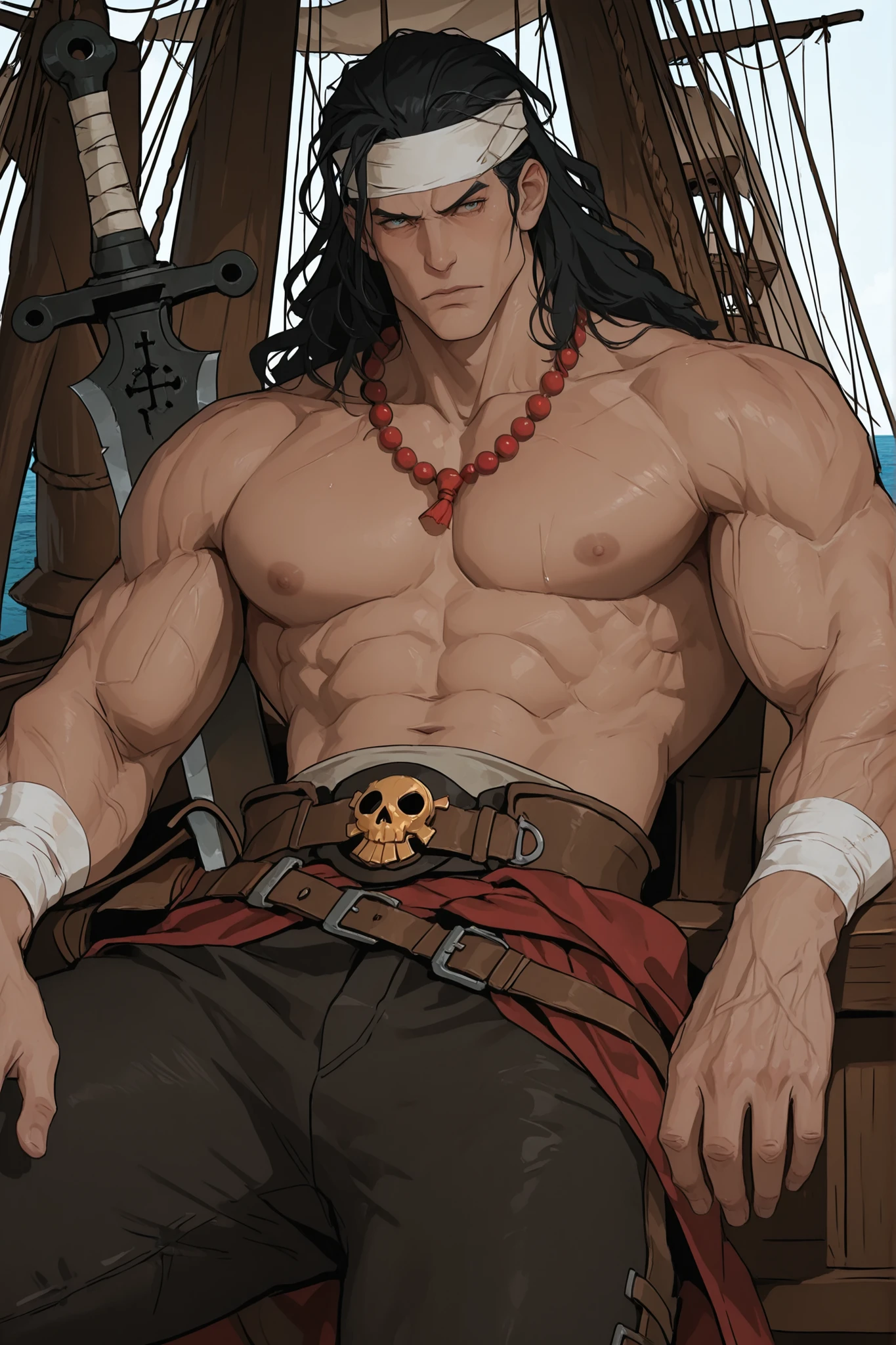 A muscular male character in serious anime style, with features inspired by Guilty Gear Strive. He is on top of a pirate ship, com o mar ao fundo. The character has spiky black hair, red beaded necklace, He's shirtless, wearing pants tucked at the shin and a white band around the waist. Instead of a sword, he carries a pirate machete around his waist. The scene must have dramatic lighting and a background detailed with the pirate ship's masts and sails, in high quality anime style.