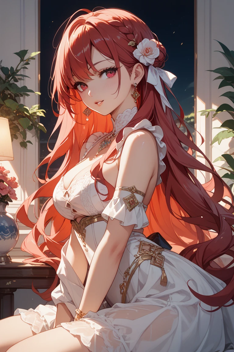 Ruby Gem, Red Gemstone Necklace
(((Masterpiece))). ((Super detail, top quality, high resolution, movie lighting, glitter, lens flare, light particles, glowing tones,))
Full body (one shoujo) embarrassing
((Waist-length hair, Wavy hair, messy hair, wild hair, hair between eyes), ((red hair, )), (wearing a red party dress),
Eyeshadow, eyeliner, beautiful eyes
18-year-old girl. Light, brilliance, glare, glare, glitter, reflection, prism, transparency. Thin material. (Ruby background)
