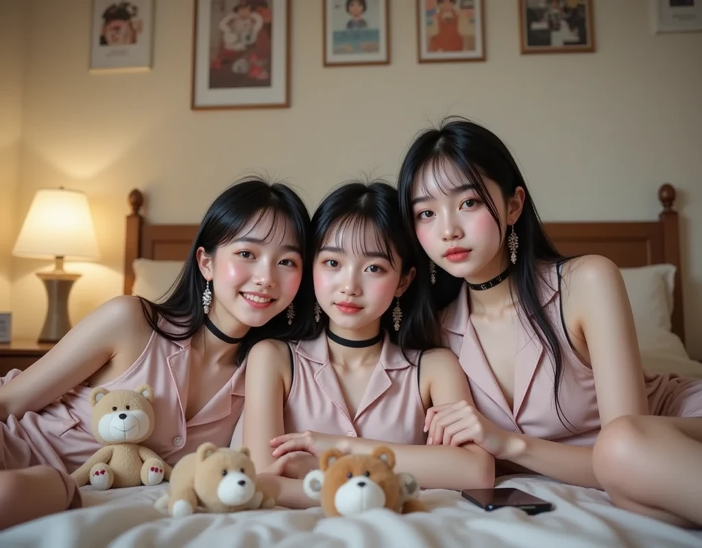 (photorealism:1.2), kpop group, four female members, beautiful, talented, fun, children's, kpop, soft, tender with bunny hats, sitting on the floor in a nice room, nice face, pretty and tender, long hair and one short hair, sitting in different poses, professional photo