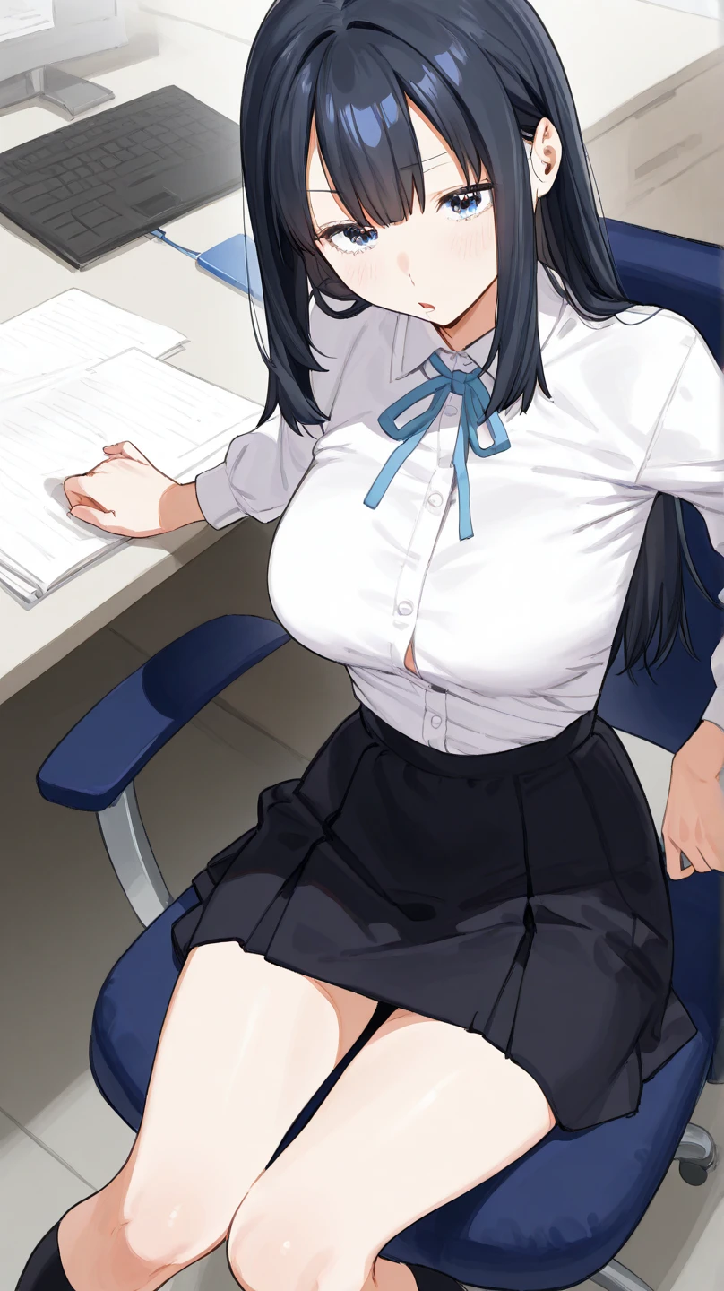 (masterpiece), best quality, (16k), expressive eyes, perfect face, office lady, 1 girl, solo, large breast, navel, (torn short sleeve white Blouse shirt), (((cobalt blue solid pencil mini skirt))), bare arms, bare legs, shiny skin, wet body, indoors, in the office room, black hair, straight long hair, wet hair, slim, standing, closed eyes, sad, :o, (cowboy shot), from front,