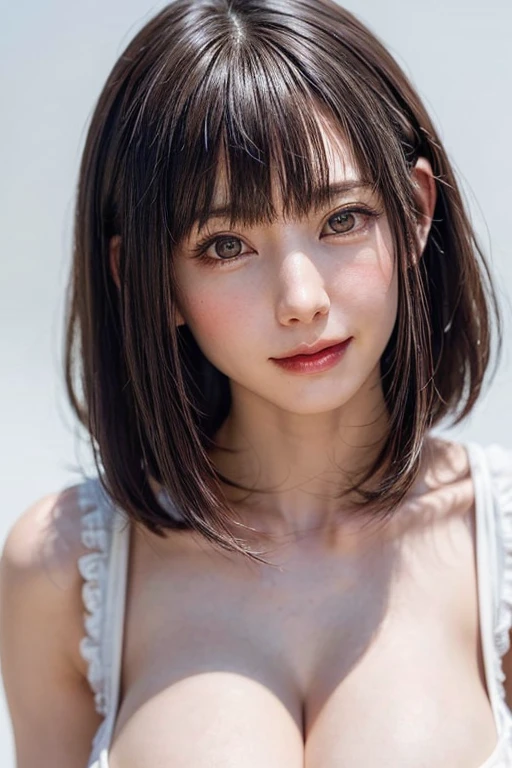 (software:1.8、masterpiece, highest quality),1 girl, alone, hyper Realistic, Realistic,Realistic, Looking at the audience, Light brown eyes:1.4,Brunette Short Bob Hair with highly detailed shiny hair, Brightly colored winter clothes, Lepangas:1.4), Outdoor, Mouth closed, Upper Body、big chest eye、eyelash、{Hugeな|big chest|Hugeなな|Mega} whole :2, chestの谷間:2、(((big chest eye、Short Bob Hair、Highlights from Students、Looking at the audience、She is very beautiful and cute、Show me your ears、Long neck、smile、Close your mouth and smile、Bangs and beautiful teeth)))、Ideal body type、(Nothing is drawn、Very beautiful pure white background:1.6)、美しいLong neck:1.4、(({Huge|big|Hugeな|Mega} chest, chestの谷間:2、Upper Bodyは服を着ていない:1.6))、(((Portraiture:2)))、Perfect Anatomy