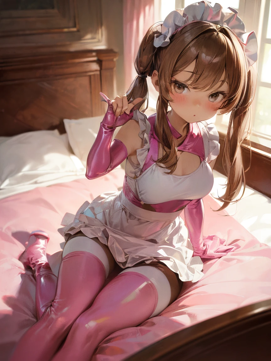 top-quality、Full limbs、complete fingers、1 beautiful woman,mole、sweat、Slender beauty、straight haired、Brown hair、((Pink Nurse Leotard、covered erectile nipples、very skinny))、cleavage、Pink nurse hat、White pantyhose、hospitals、Hospital Room、on Patient bed、(used condom：1.2）((vulgarity))、spoken heart、