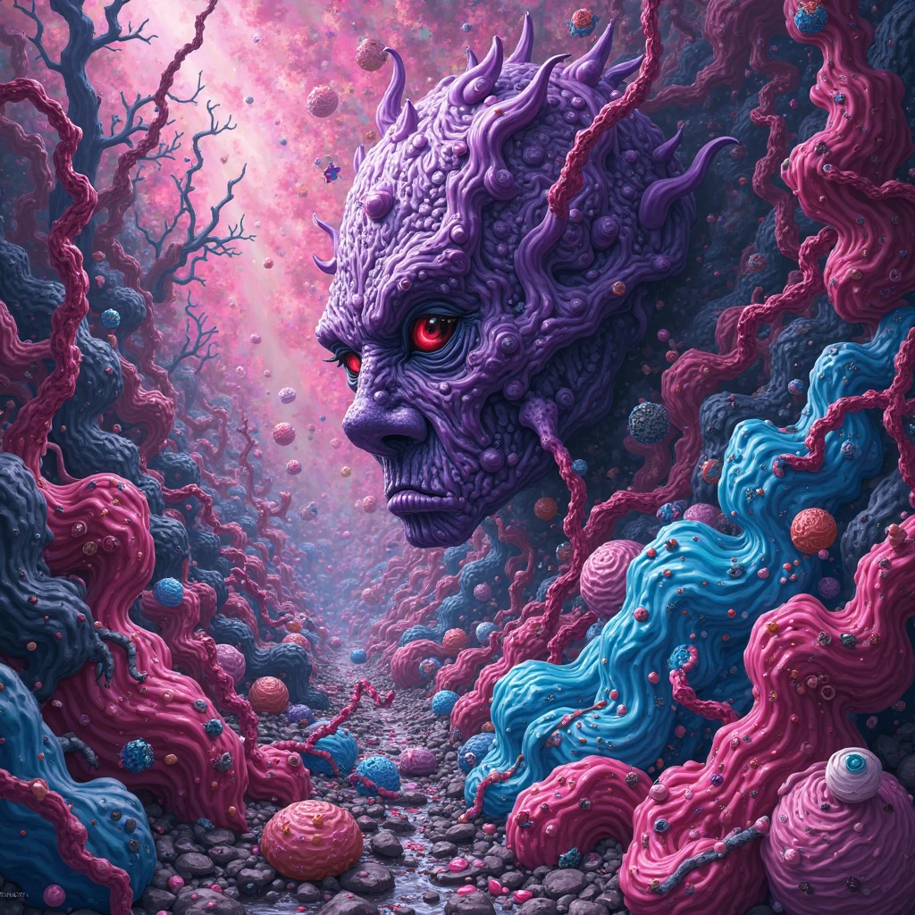 graphic concept art by person, in the style of gary panter, dark sky-blue and pink, otherworldly grotesquery, tooth wu, cyclorama, dark yellow and pink, hyper-detailed illustrations


