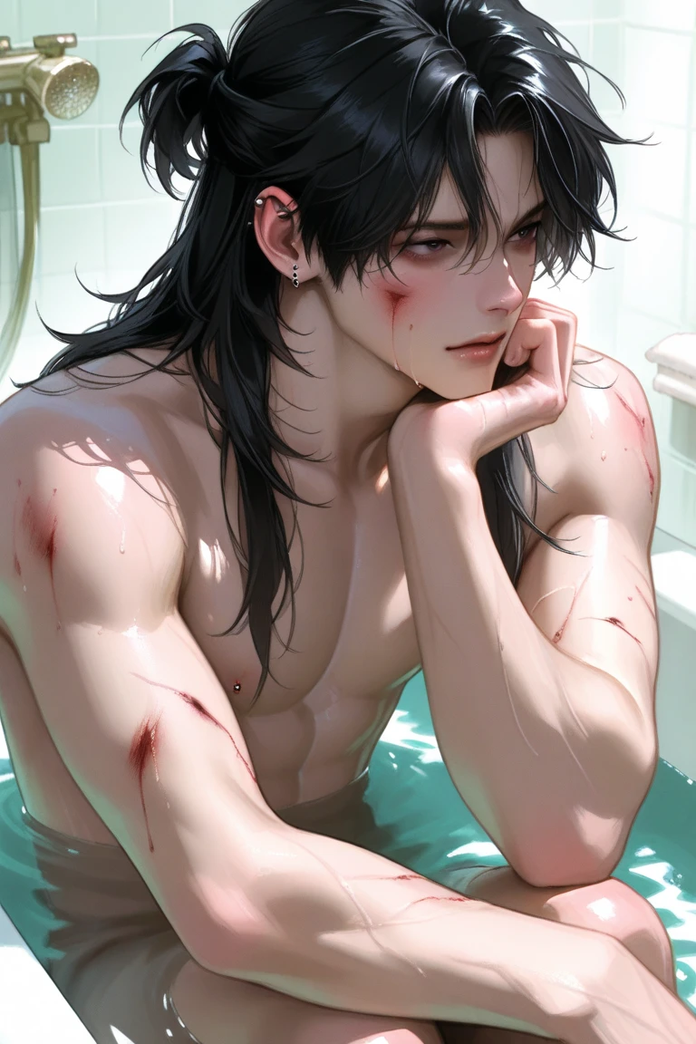 (8K, hight resolution, ultra-detailliert), anime boy taking a bath in a bathtub with rose petals, wet body, bathtub, bubble bath, high quality fanart, bath, Beast, at pixiv, official fanart, pixiv, detailed fanart, relaxing, levi ackerman, in bathroom, relaxing environment, relaxing mood, by Shingei, anime asthetic, relaxing concept art, wet anime boy, with rose petals in the bathtub, beautiful atmosphere, hot anime boy, cute beautiful man, wet body, green eyes, black hair