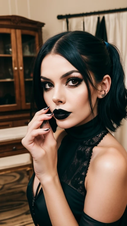 female, black hair, blue eyes, pale skin, black lipstick, black nail polish, tattoos