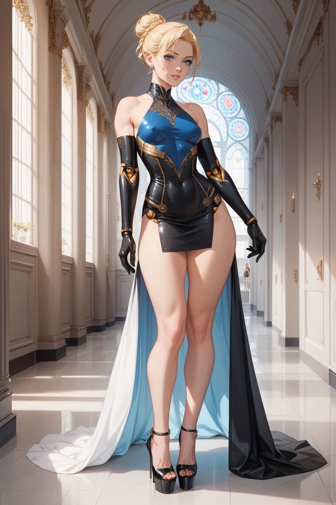 Dark horse Comics, Eloise Mumford, by Frank cho and (HR Geiger:1), (sexy), action shot of the scandalous and flirty Amazon, perfect fit body, full body, stunning, unreal engine, octane render, epic, (nearly naked:0.9), (leather:0.4), ancient ruins, detailed eyes, big breasts, mons pubis, ancient costume