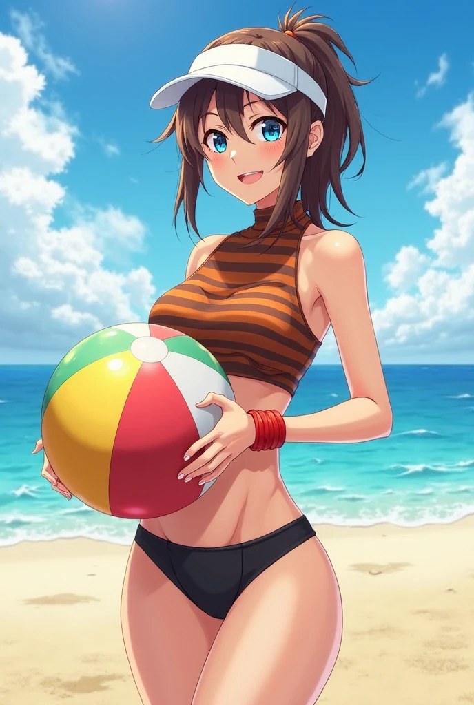 Touko with Mei on the beach blue eyes, but brown, red top, BLUE THONG,playing volleyball in front of the water Waiting to start 