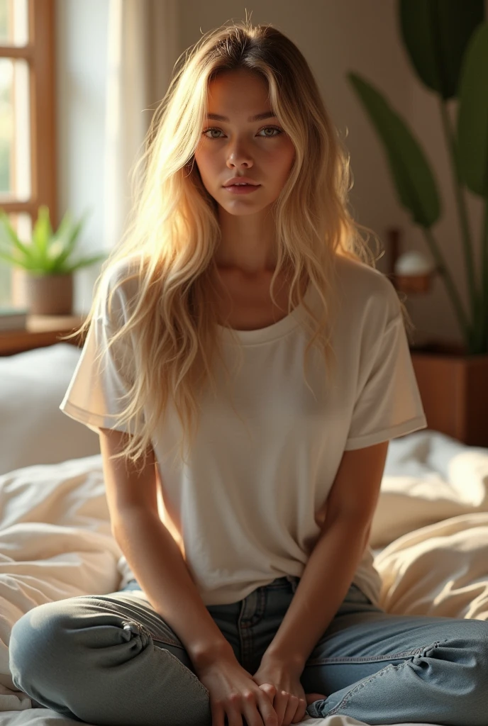 22 year old blonde female, sitting sideways on a bed with messy white sheets, wearing a v neck over sized white tee shirt, tan skin, dreamy eyes, open lips, window light, 85mm, f2.8,